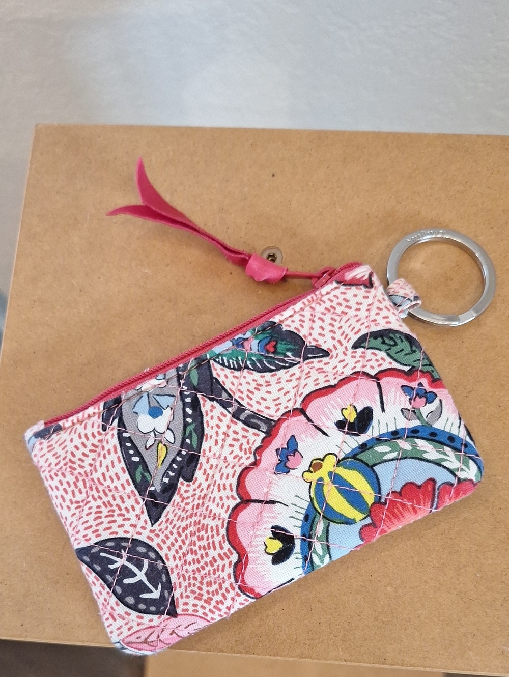 Vera Bradley Key Fob Pouch Pink Floral Hearts Quilt Stitch